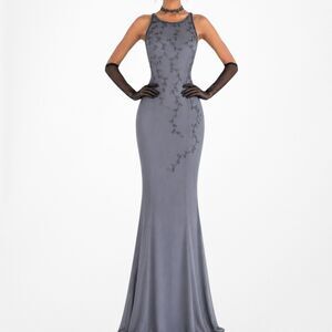 Vintage Y2K 90s Gray Floral Beaded Silk Fit Flared Maxi Formal Prom Dress Size M